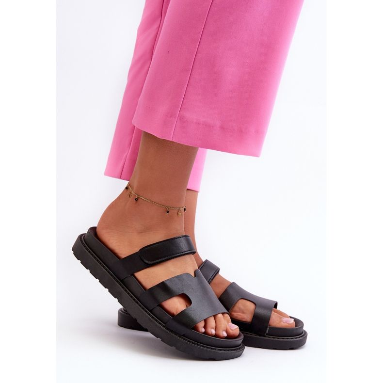Tongs en cuir écologique avec velcro pour femmes, noir Silaka 1