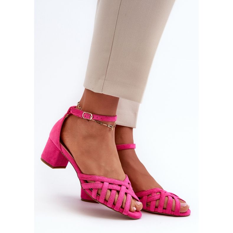 Sandales en daim écologique pour femmes à talons bas Fuchsia Monsha rose 1