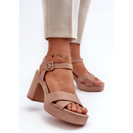 Sandales pour femmes en suède écologique sur talon haut et plateforme, beige foncé Sakane 2