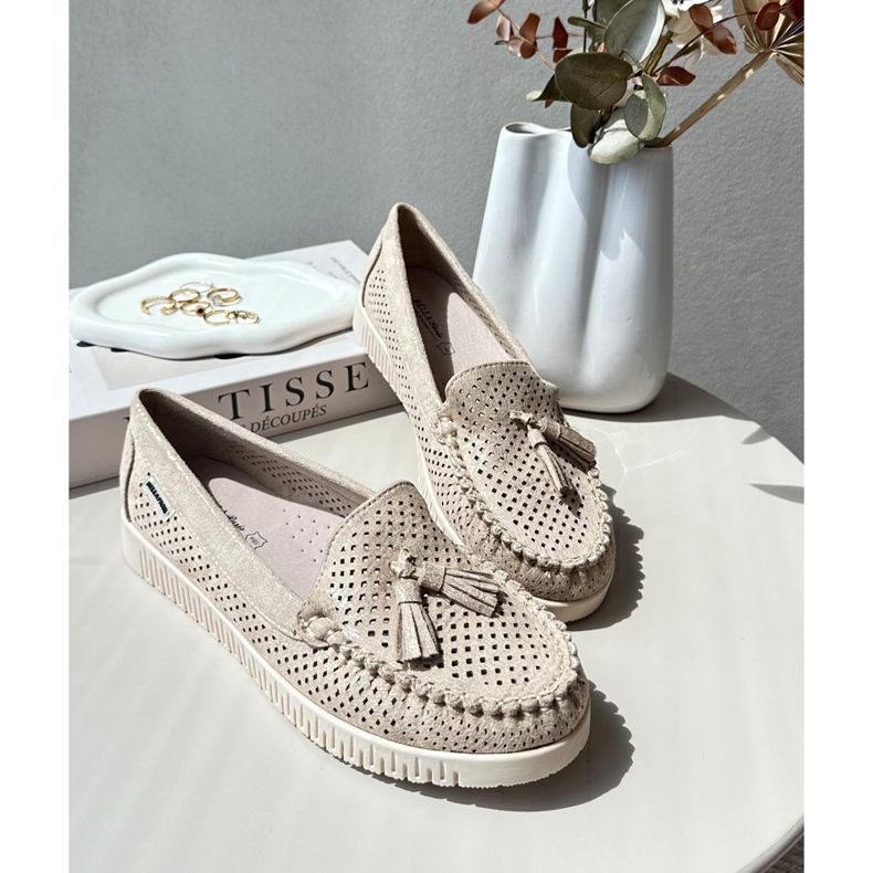 Mocassins ajourés pour femmes en suède écologique, Tinami doré 1