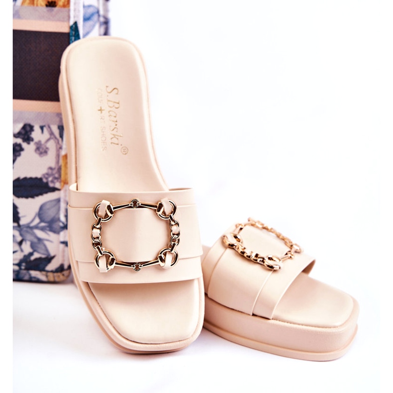 S.Barski Tongs en cuir beige à la mode pour femmes avec décoration dorée 3