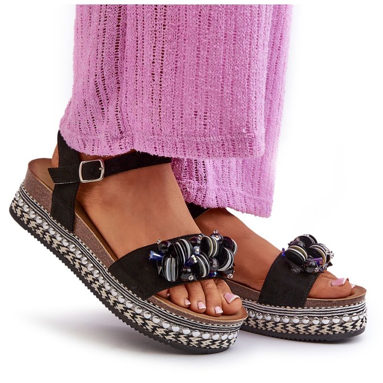 S.Barski Sandales féminines en coin et plate-forme avec décorations S. Barski Hy056 Black noir 4