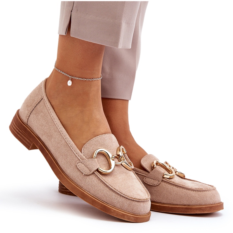 Vinceza Mocassins Femme En Daim Beige Avec Décoration Dorée 4