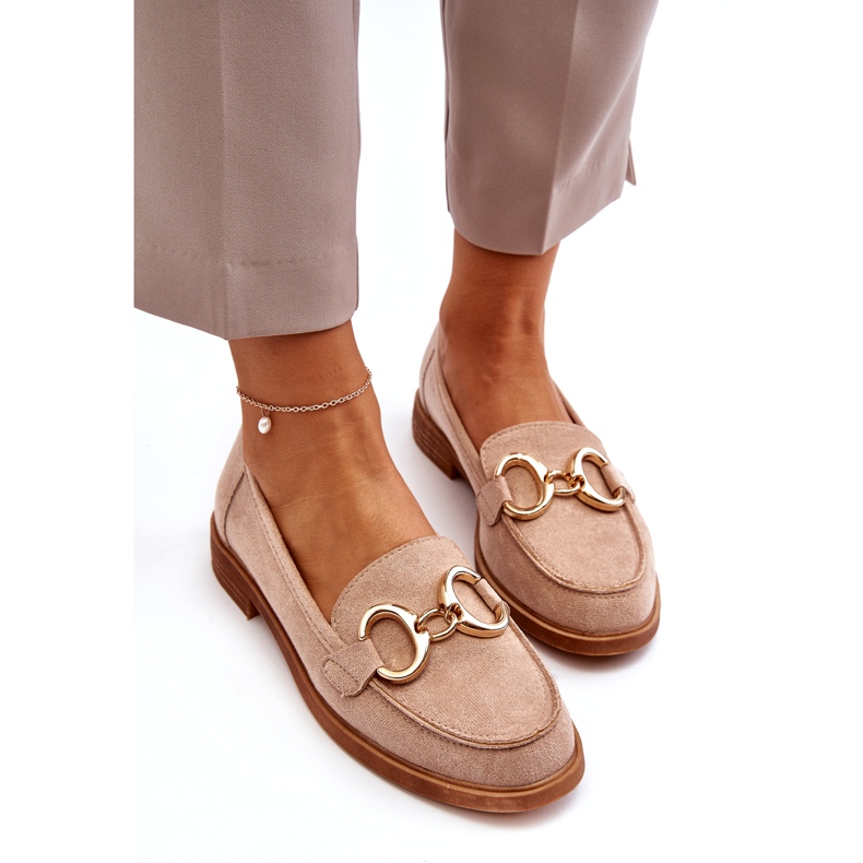 Vinceza Mocassins Femme En Daim Beige Avec Décoration Dorée 2