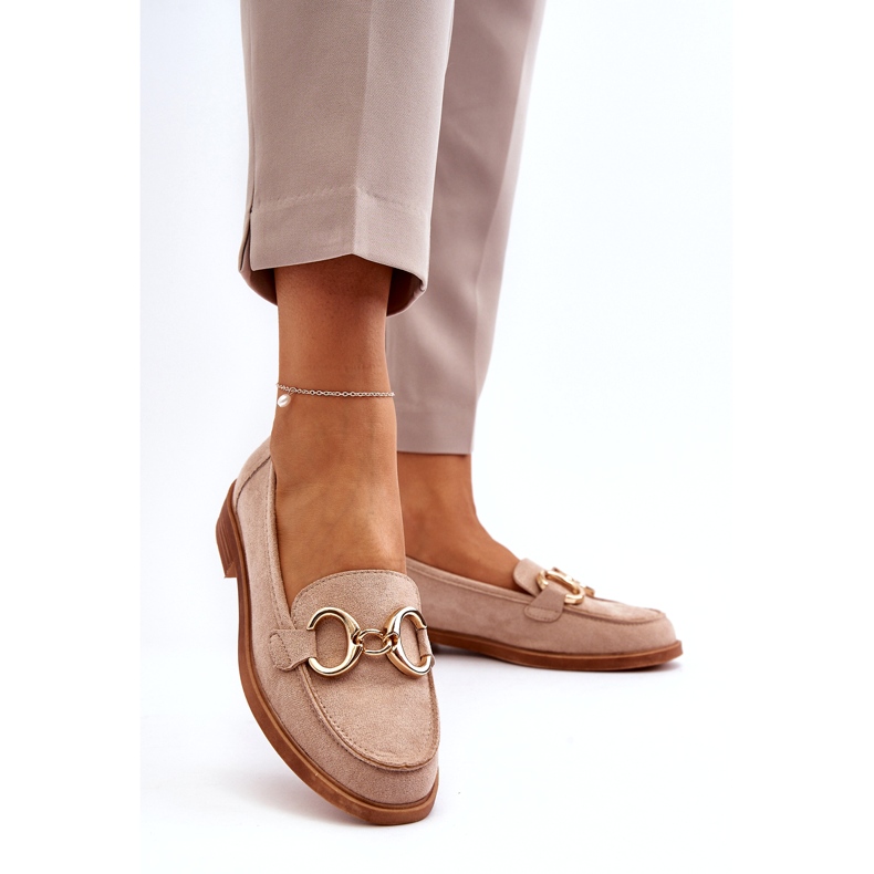 Vinceza Mocassins Femme En Daim Beige Avec Décoration Dorée 1