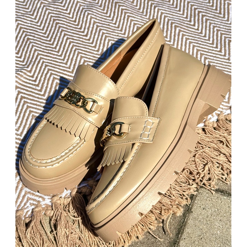 PH2 Mocassins Femme En Cuir Écologique Avec Décoration Dorée, Beige Zanita 1