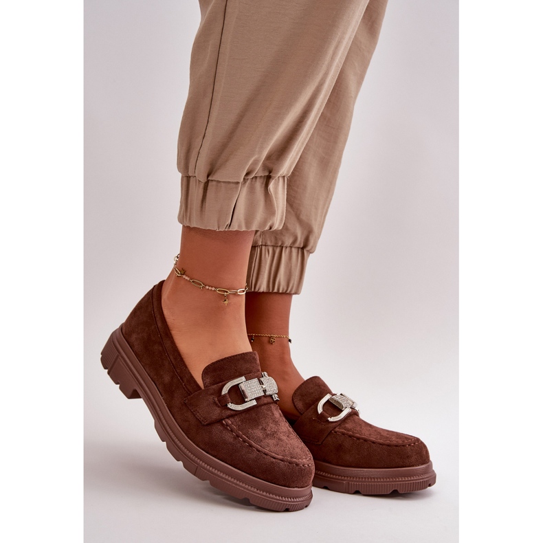 Mocassins pour femmes en suède écologique avec décoration, glycine marron brun 1