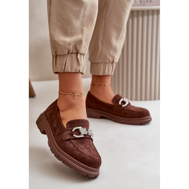 Mocassins pour femmes en suède écologique avec décoration, glycine marron brun 2