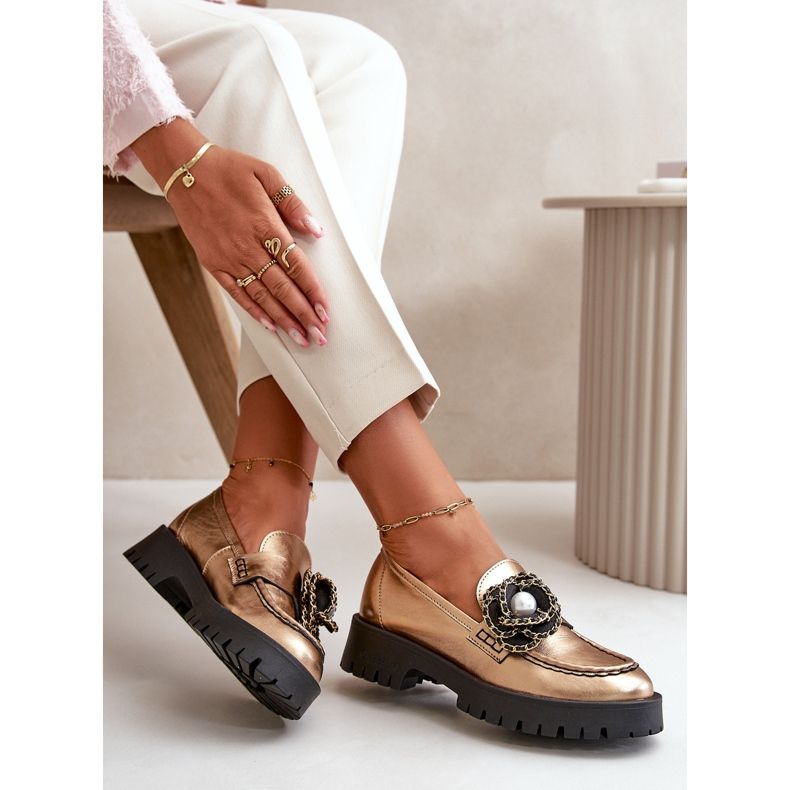 Mocassins Femme En Cuir Décorés D'une Fleur, Doré CheBello 4520 2