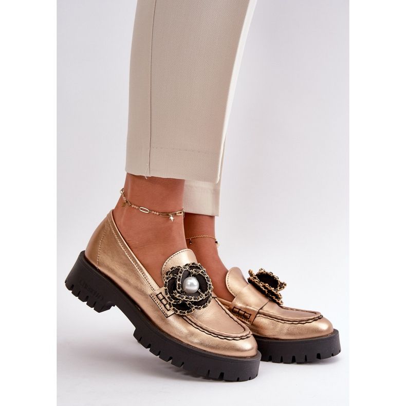 Mocassins Femme En Cuir Décorés D'une Fleur, Doré CheBello 4520 1