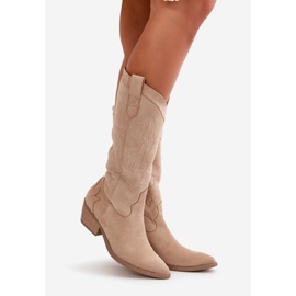 Bottes cowboy à talon bas pour femme en suède écologique, beige Ligelia 1