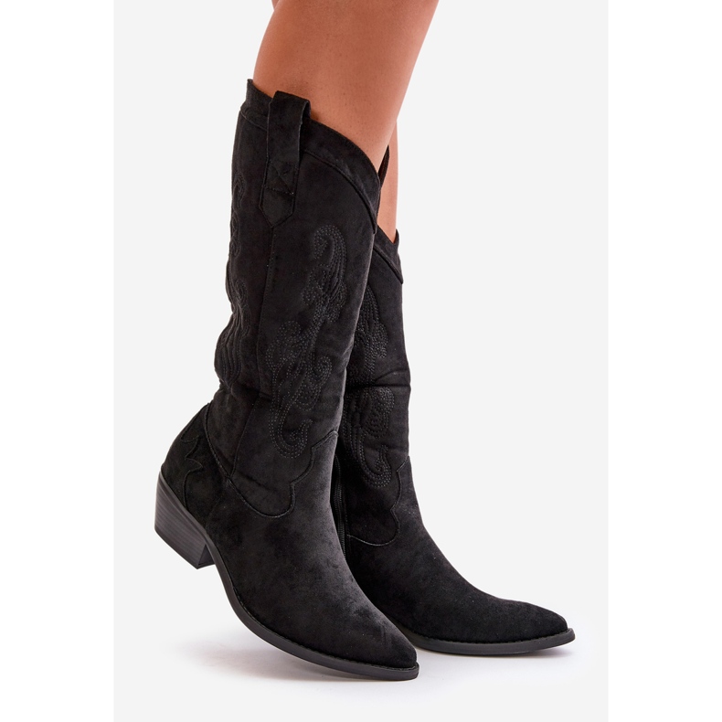 Bottes Cowboy À Talon Bas Pour Femme En Eco Daim Noir Ligelia le noir 1