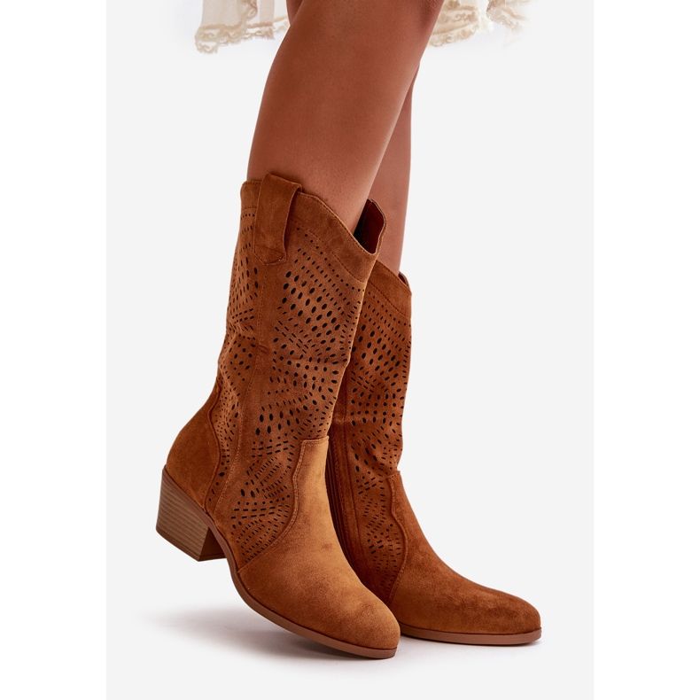 Santiags femme ajourées à talons hauts Iceda camel brun 1