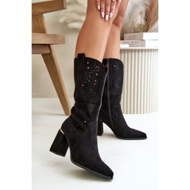 Bottes Ajourées Pour Femmes Sur Talon Haut À Bouts Pointus, Eco Daim Noir Nevithra 2