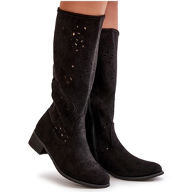 Bottes Femme Ajourées Sur Talons Bas En Daim Eco Fermeture Zippée Orchidées Noires le noir 9