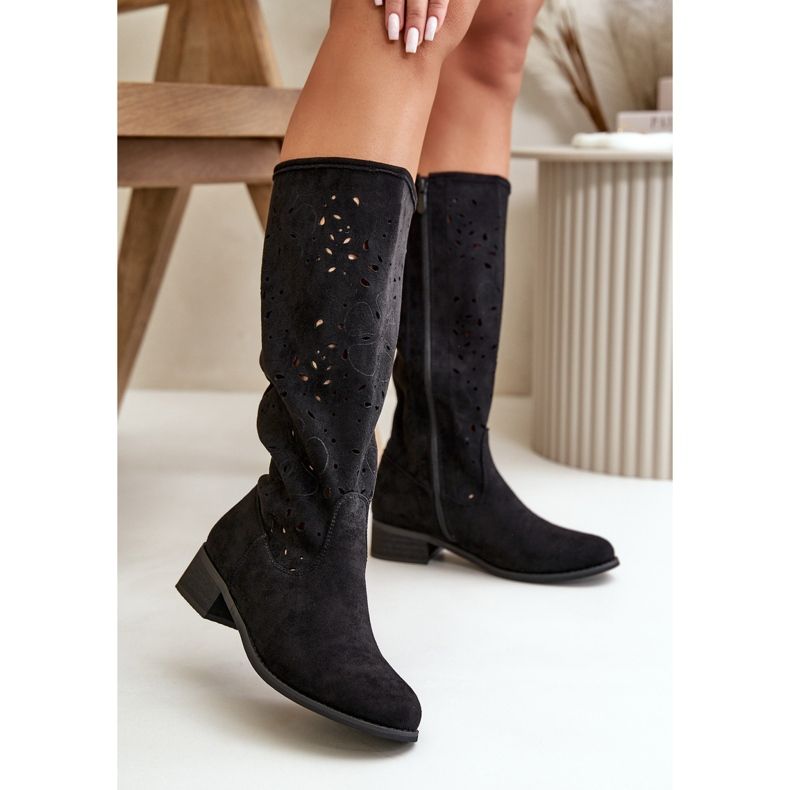 Bottes Femme Ajourées Sur Talons Bas En Daim Eco Fermeture Zippée Orchidées Noires le noir 2
