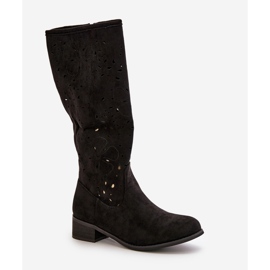 Bottes Femme Ajourées Sur Talons Bas En Daim Eco Fermeture Zippée Orchidées Noires le noir 7