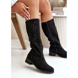Bottes Femme Ajourées Sur Talons Bas En Daim Eco Fermeture Zippée Orchidées Noires le noir 8