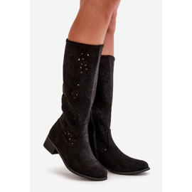 Bottes Femme Ajourées Sur Talons Bas En Daim Eco Fermeture Zippée Orchidées Noires le noir 1