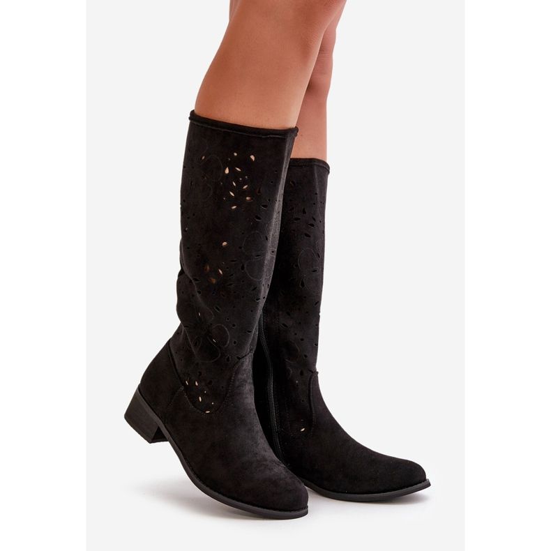 Bottes Femme Ajourées Sur Talons Bas En Daim Eco Fermeture Zippée Orchidées Noires 1