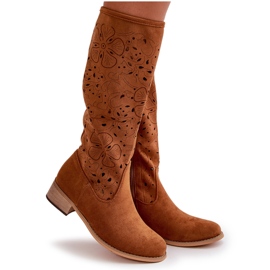 Bottes Femme Ajourées Sur Talons Bas Eco Daim Fermées Par Fermeture éclair Orchidées Camel brun 9