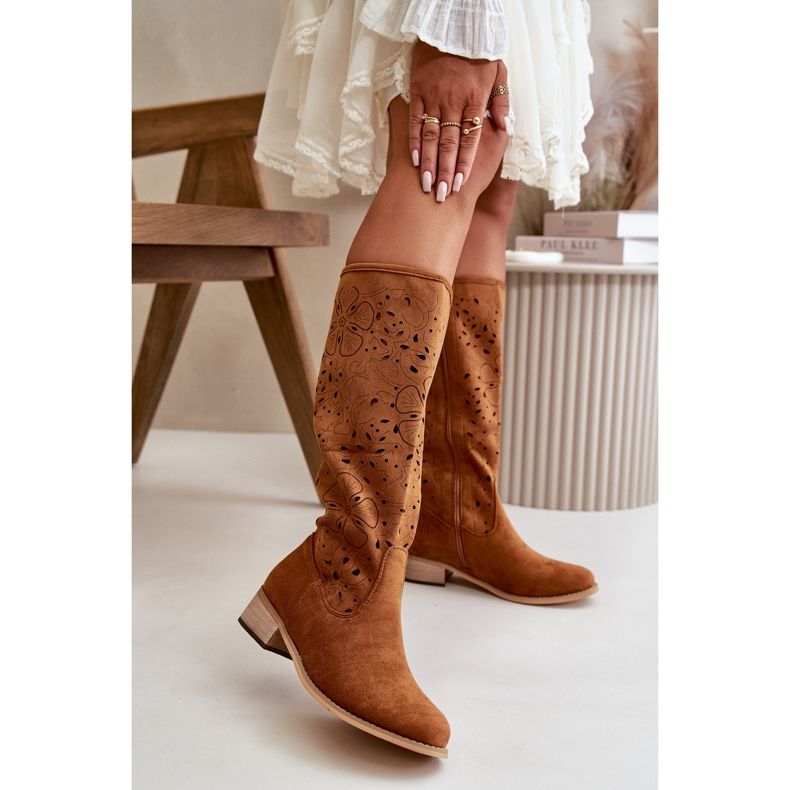 Bottes Femme Ajourées Sur Talons Bas Eco Daim Fermées Par Fermeture éclair Orchidées Camel brun 2