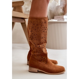 Bottes Femme Ajourées Sur Talons Bas Eco Daim Fermées Par Fermeture éclair Orchidées Camel brun 6