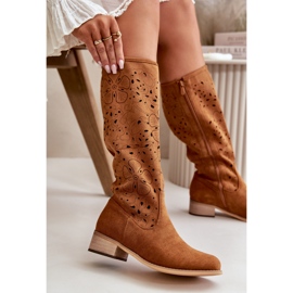 Bottes Femme Ajourées Sur Talons Bas Eco Daim Fermées Par Fermeture éclair Orchidées Camel brun 8