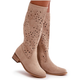 Bottes Femme Ajourées Sur Talons Bas Eco Daim Fermeture Zippée Orchidées Beiges 9