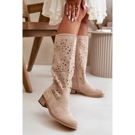 Bottes Femme Ajourées Sur Talons Bas Eco Daim Fermeture Zippée Orchidées Beiges 2