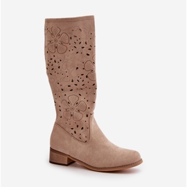 Bottes Femme Ajourées Sur Talons Bas Eco Daim Fermeture Zippée Orchidées Beiges 4