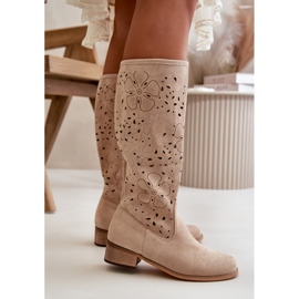 Bottes Femme Ajourées Sur Talons Bas Eco Daim Fermeture Zippée Orchidées Beiges 5