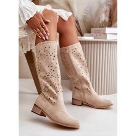 Bottes Femme Ajourées Sur Talons Bas Eco Daim Fermeture Zippée Orchidées Beiges 7