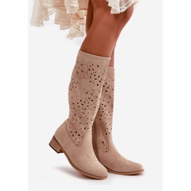 Bottes Femme Ajourées Sur Talons Bas Eco Daim Fermeture Zippée Orchidées Beiges 1