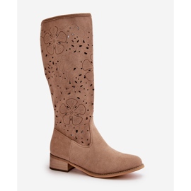 Bottes Femme Ajourées Sur Talons Bas Eco Daim Fermées Par Une Fermeture Éclair Orchidées Beige Foncé 3