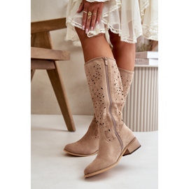 Bottes Femme Ajourées Sur Talons Bas Eco Daim Fermées Par Une Fermeture Éclair Orchidées Beige Foncé 4