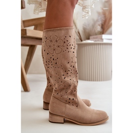 Bottes Femme Ajourées Sur Talons Bas Eco Daim Fermées Par Une Fermeture Éclair Orchidées Beige Foncé 6