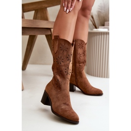 Jezzi Bottes mi-mollet ajourées pour femmes en suède écologique marron Nevilos brun 2
