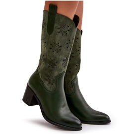 Jezzi Bottes mi-mollet ajourées pour femmes en suède écologique vert Nevilos 9