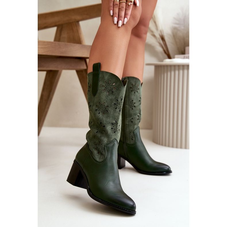 Jezzi Bottes mi-mollet ajourées pour femmes en suède écologique vert Nevilos 2