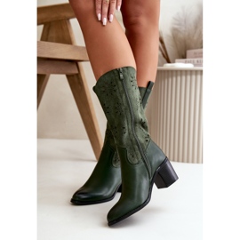 Jezzi Bottes mi-mollet ajourées pour femmes en suède écologique vert Nevilos 3