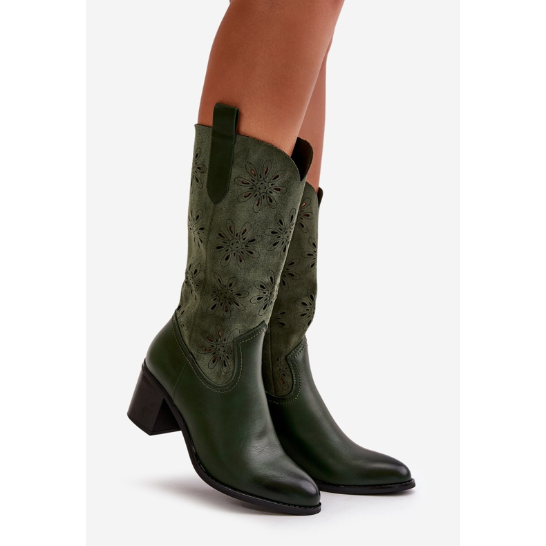 Jezzi Bottes mi-mollet ajourées pour femmes en suède écologique vert Nevilos 1