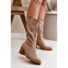 Jezzi Bottes mi-mollet ajourées pour femmes en suède écologique Beige Nevilos 2