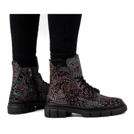 Olivier Bottines hautes à lacets en cuir pour femme, imprimé 1227, noir multicolore 1
