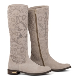 Olivier Bottines femme Emma en daim beige en cuir naturel avec fleurs en relief 2