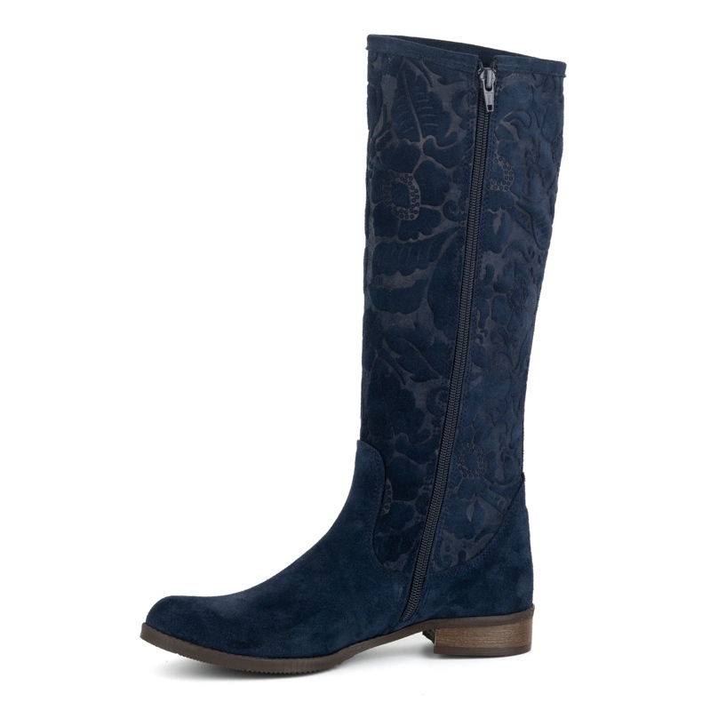 Olivier Bottines femme en daim en cuir naturel avec fleurs Emma en relief, bleu marine 1