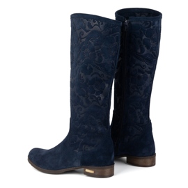 Olivier Bottines femme en daim en cuir naturel avec fleurs Emma en relief, bleu marine 3