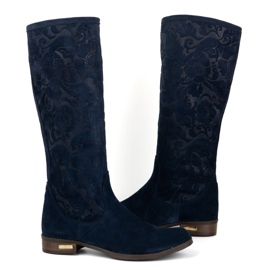 Olivier Bottines femme en daim en cuir naturel avec fleurs Emma en relief, bleu marine 4