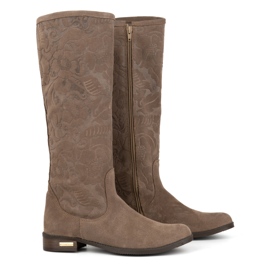 Olivier Bottines femme en daim en cuir naturel avec fleurs Emma en relief, beige foncé 2