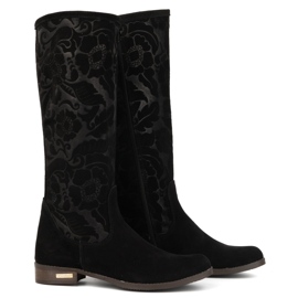 Olivier Bottines femme en daim en cuir naturel avec fleurs Emma en relief, noir le noir 2